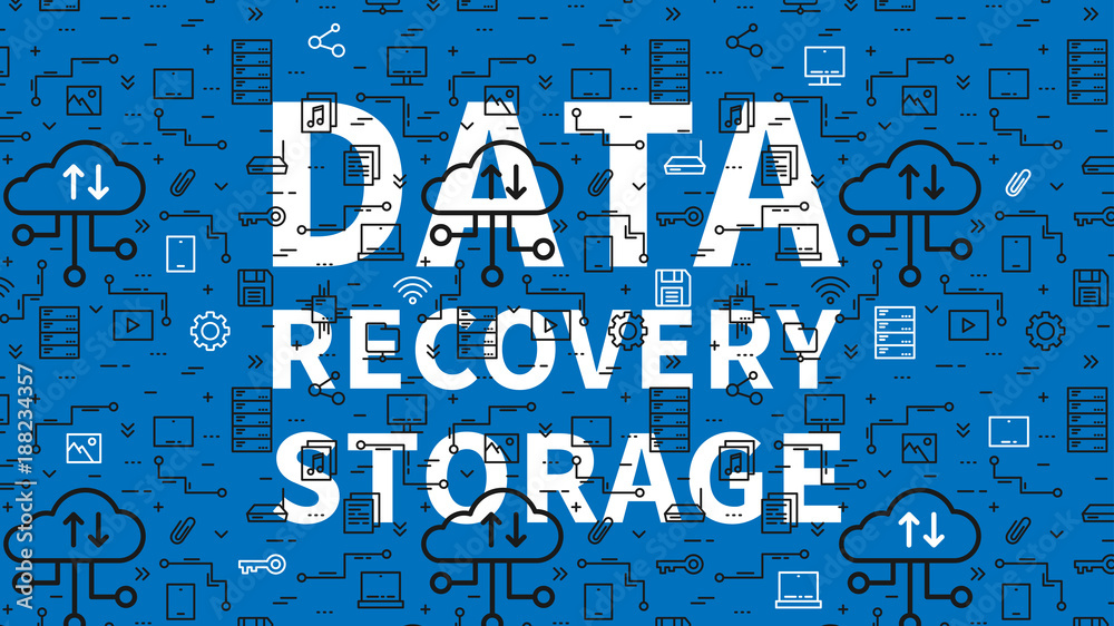 Data recovery storage vector illustration with pattern background. Server cloud technology graphic design. Remote file recovery storage creative concept. Line art concept. Data recovery storage vector illustration with pattern background. Server cloud technology graphic design. Remote file recovery storage creative concept. Line art concept.