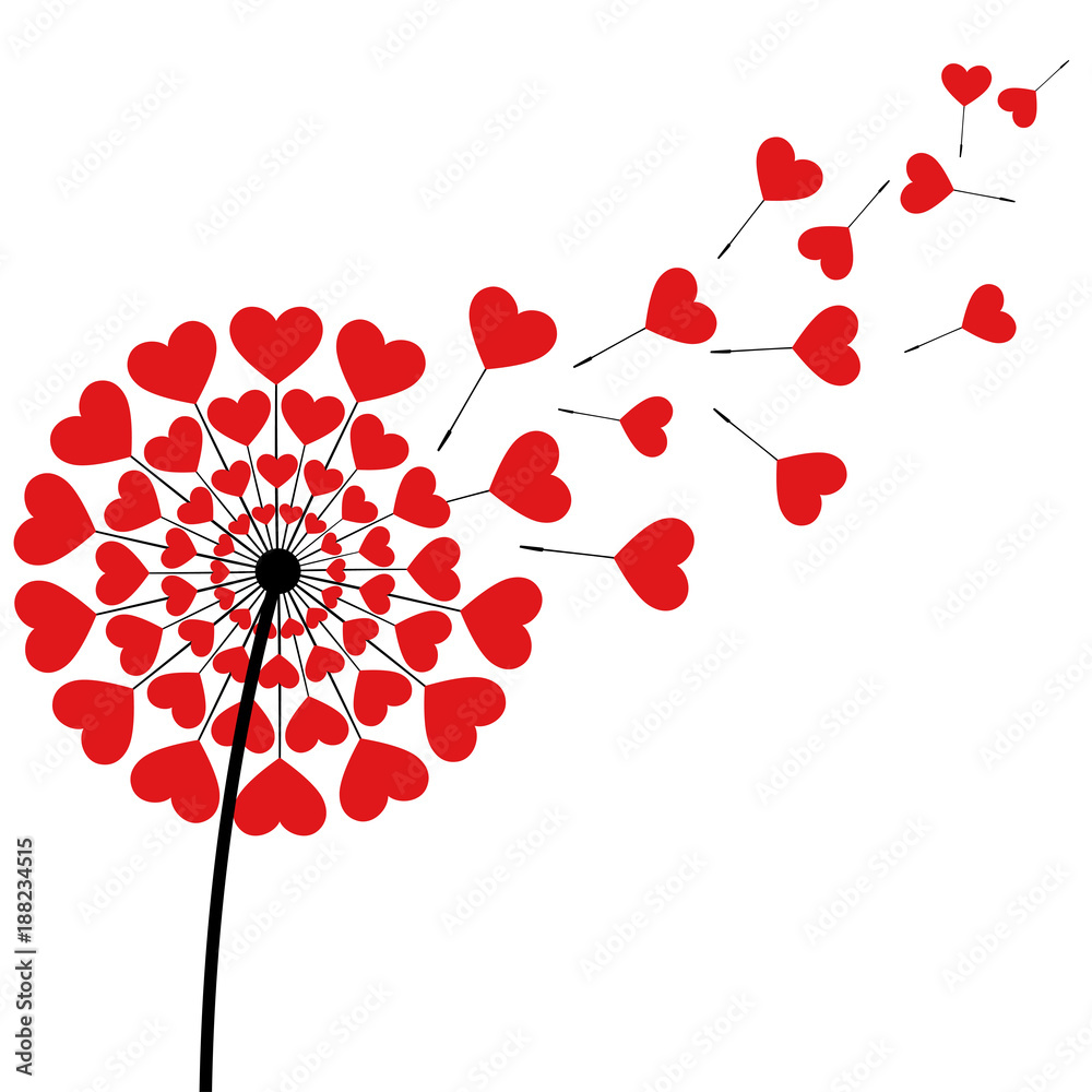 Naklejka premium Dandelion puchu czerwony serce kształtujący na białym tle