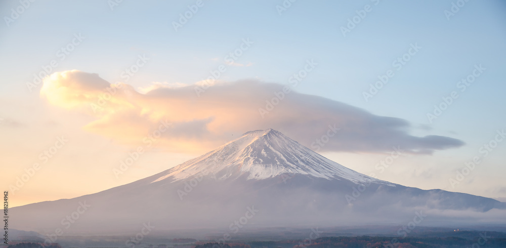 Fuji mountain in japan, morning sky with the explosion cloud in winter.