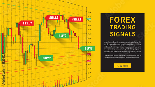 Forex Trading Indicators vector illustration on yellow background. Online trading signals to buy and sell currency concept. Buy and sell indicators on the candlestick chart graphic design.