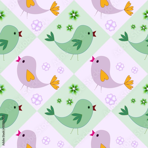  Happy Easter. Seamless pattern with birds. Childish illustration in cartoon style...Color green, purple,