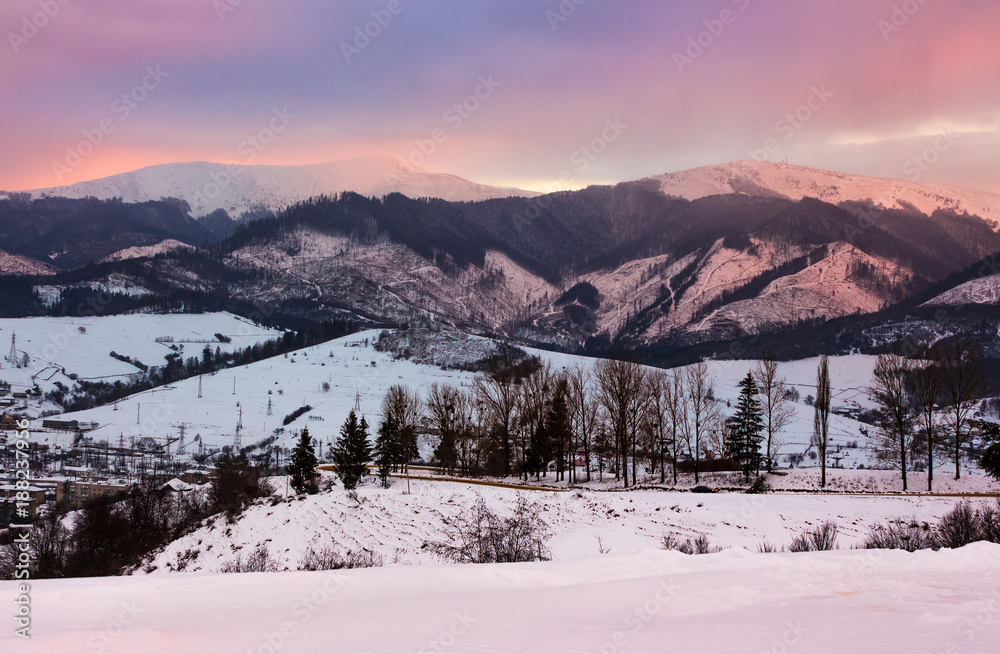 reddish winter evening over the mountains. beautiful light on snowy tops of Borzhava mountain ridge. location Volovets serpentine pass, Ukraine