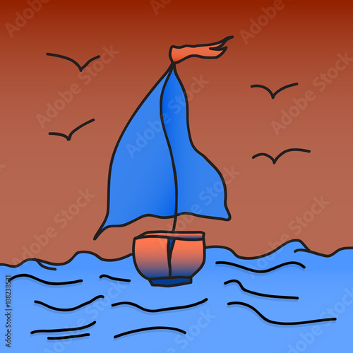 ship with scarlet sails is floating on the waves. Vector illustration. Drawing by hand. photo