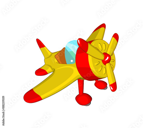 toy airplane caricature deformed yellow red model technique retro style cartoon white background isolate 
