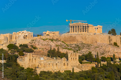 View of the Acropolis hill and the Odeon of Herodes in Athens Greece