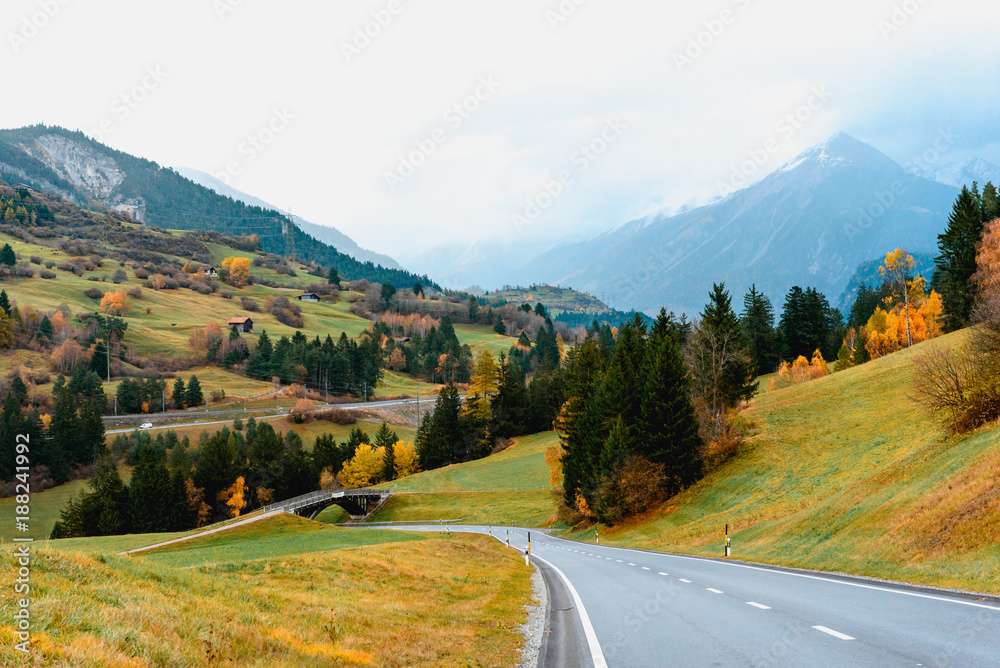 Road trip in Switzerland and enjoy beautiful landscape of mountain and countryside in Autumn
