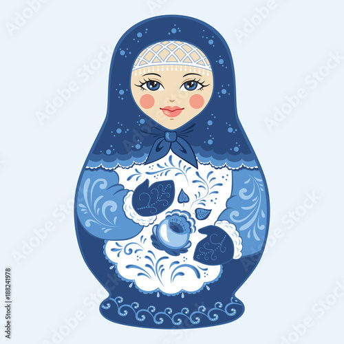 Matryoshka. Russian folk doll is painted in shades of blue.