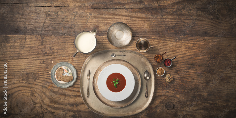 Fototapeta premium fresh vegetable salad and fruit and diet meal top view