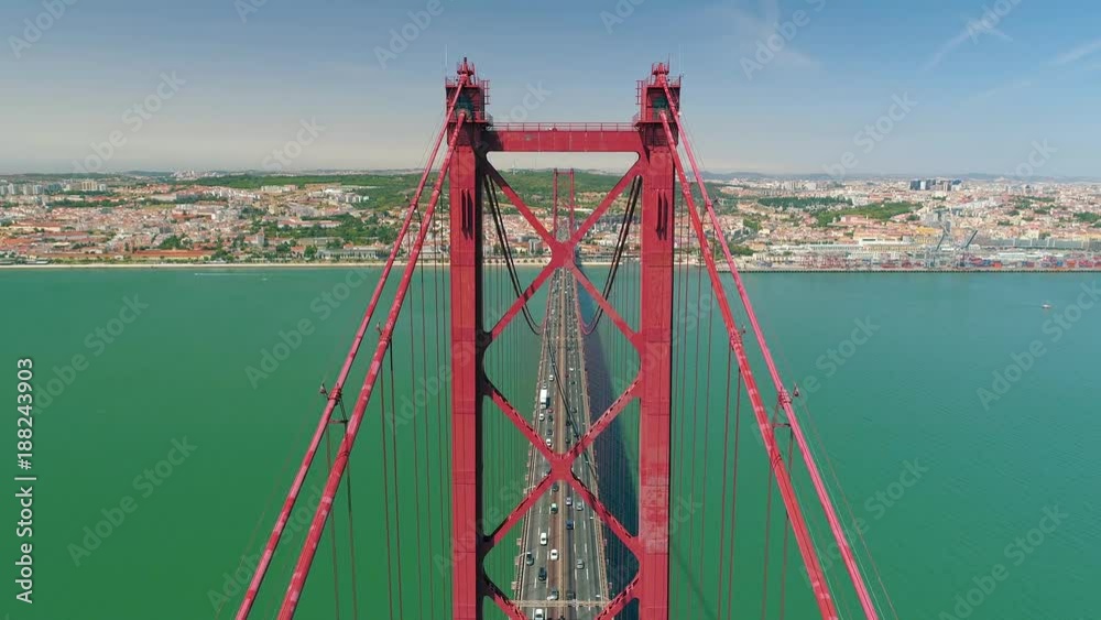 Lisbon Portugal Aerial 4K 25 de Abril Bridge Almada on the left bank Tejo river