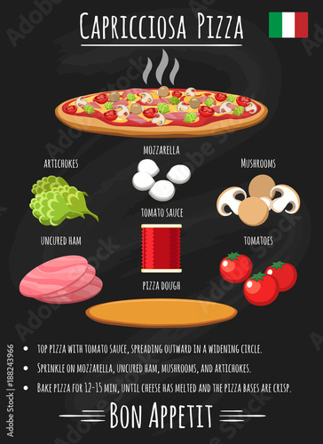 Capricciosa pizza recipe. Italian pizza with artichokes, mozzarella and uncured ham vintage poster on chalkboard vector illustration