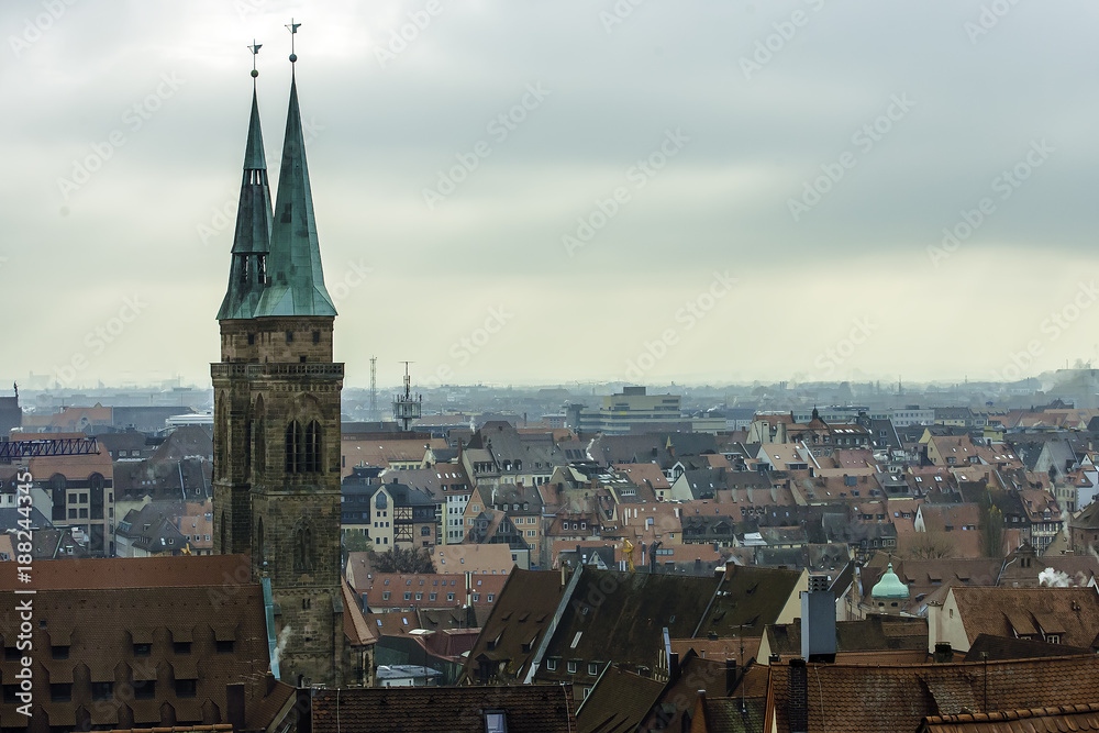 Cityscape from Nuremberg Castle on old town of Nurnberg and towers of St. Sebaldus Church, Nuremberg, Middle Franconia, Bavaria, Germany, Europe