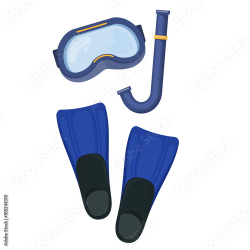 Diving mask and flippers on white background, cartoon illustration of beach accessories for scuba diving. Vector