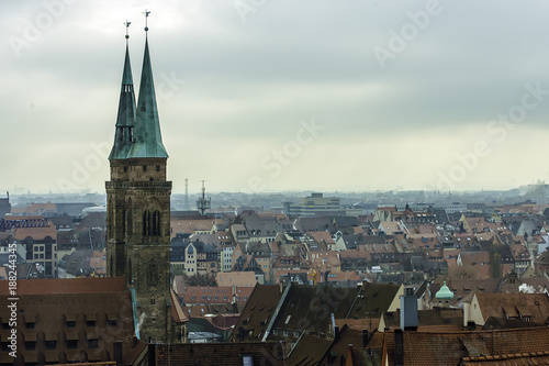 Cityscape from Nuremberg Castle on old town of Nurnberg and towers of St. Sebaldus Church, Nuremberg, Middle Franconia, Bavaria, Germany, Europe