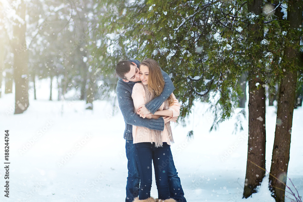 Happy Couple Having Fun Outdoors. Snow. Winter Vacation. Outdoor