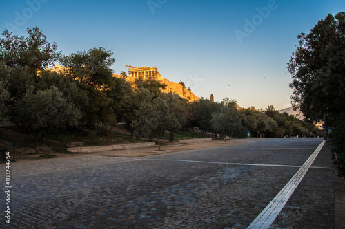 View of Acropolis from Dionysiou Aeropagitou street in Athens Greece