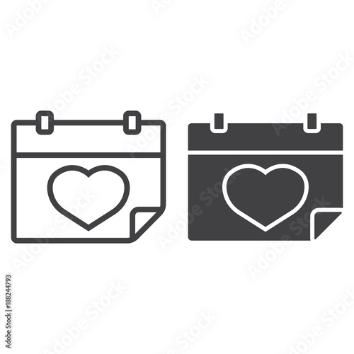 Lovely calendar line and glyph icon, valentines day and romantic, love date sign vector graphics, a linear pattern on a white background, eps 10.