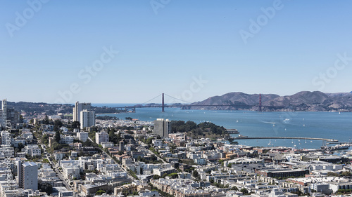 Vistas of the Marina district, and Golden Gate bridge from the vantage point of Coit Tower, situated in Telegraph Hill,  San Francisco, California, USA