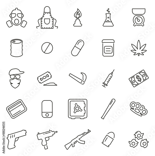 Drug Cartel or Drug Dealer Icons Thin Line Vector Illustration Set
