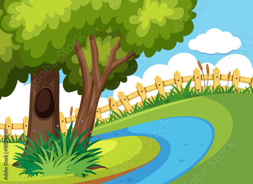 Park with green trees and river
