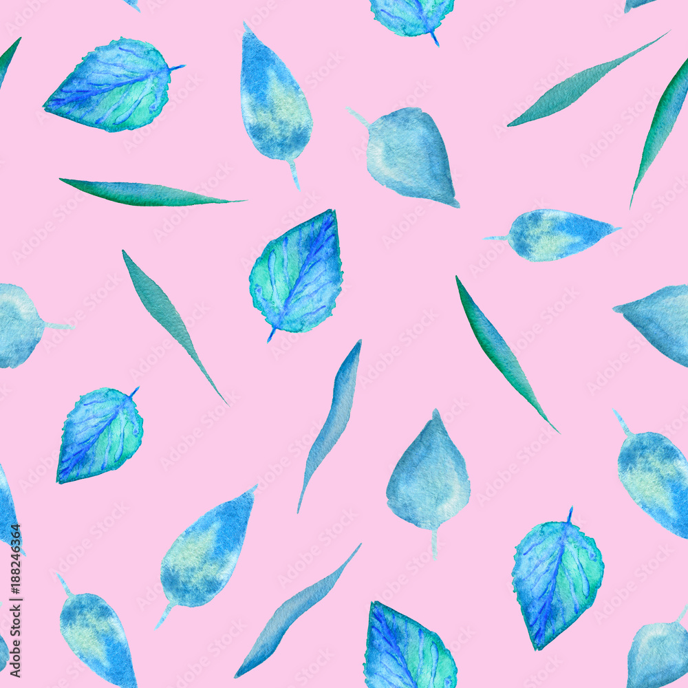 Seamless pattern with watercolor blue leaves on pink background