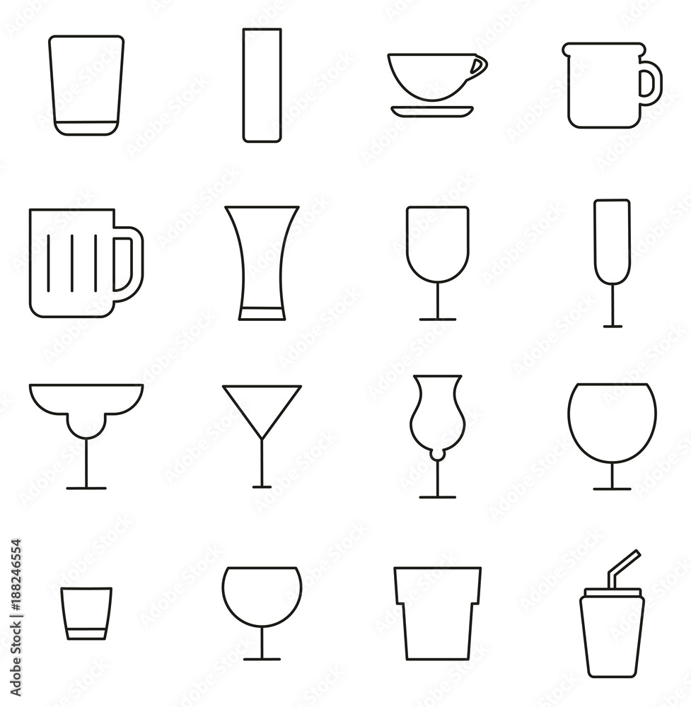 Drink Glass or Drinking Glasses Icons Thin Line Vector Illustration Set  Stock Vector | Adobe Stock