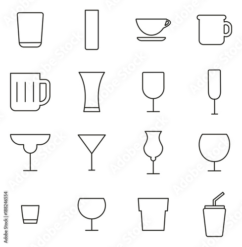 Drink Glass or Drinking Glasses Icons Thin Line Vector Illustration Set