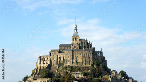 Beautiful scenic view of famous historic Le Mont Saint-Michel abbay in tidal island in the morning, UNESCO world heritage site, Normandy, northern France