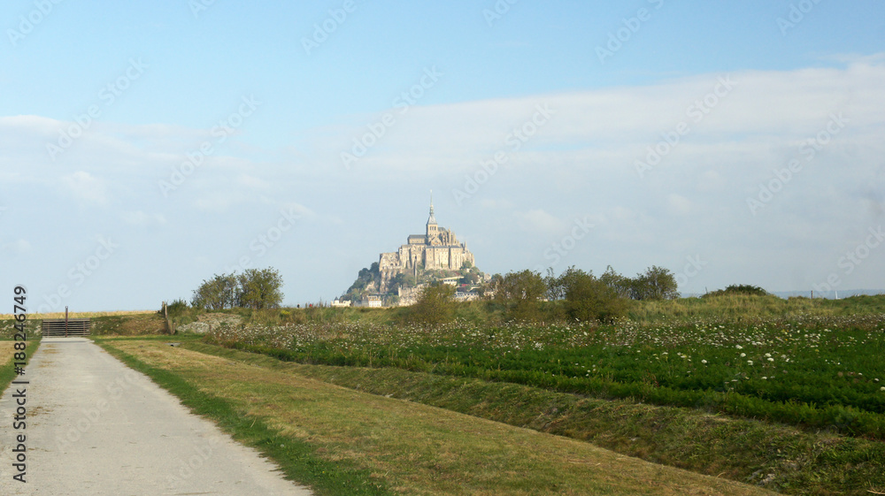 Beautiful scenic view of famous historic Le Mont Saint-Michel tidal island with fields in the morning, an UNESCO world heritage site, Normandy, northern France
