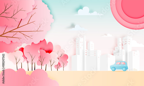 Road trip with car and natural pastel color scheme backgroud