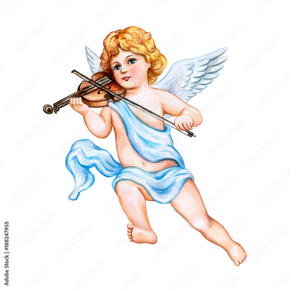Angel with a violin isolated on white background. Watercolor