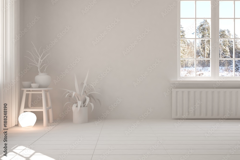 Plakat Biały pusty pokój z zimowym krajobrazem w oknie. Skandynawski wystrój wnętrz. ilustracja 3D