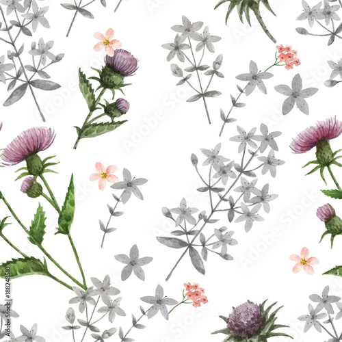 Watercolor vector seamless pattern with flowers and branches.