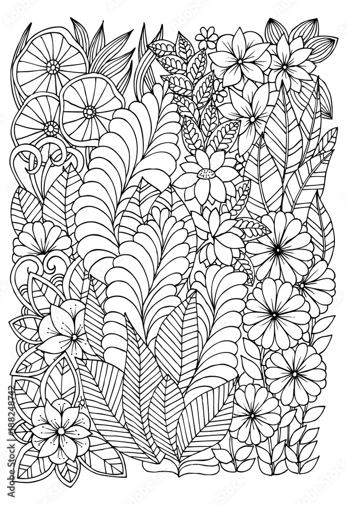 Obraz premium Black and white flower pattern for adult coloring book. Doodle floral drawing. Art therapy coloring page.