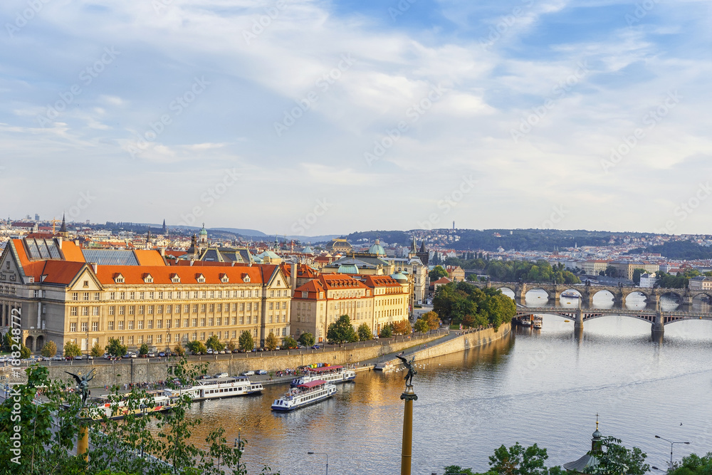 .Panoramic view of the river Vltava, embankment, bridges in the city of Prague. Czech Republic.