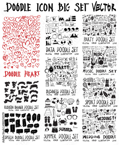 MEGA set of doodles vector. Collection of heart, ribbon, speech, info, business, summer travel, party, music, sport, wedding eps10