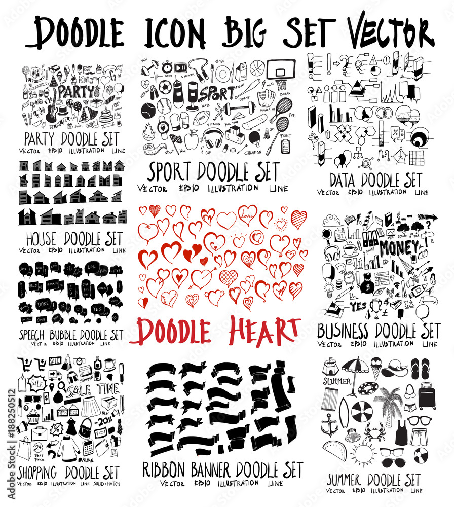 MEGA set of doodles vector. Collection of Party, House, Speech, Shopping, Sport, Heart, Ribbon, Data, Business, Summer eps10