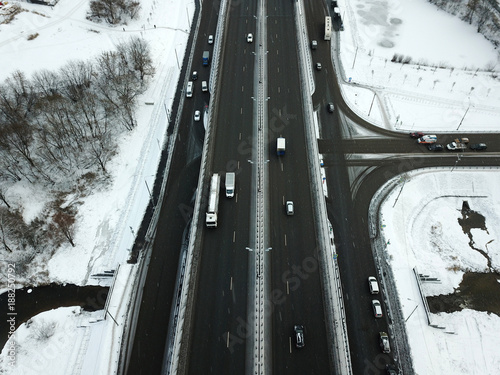 Aerial view of winter snowy road in Moscow photo