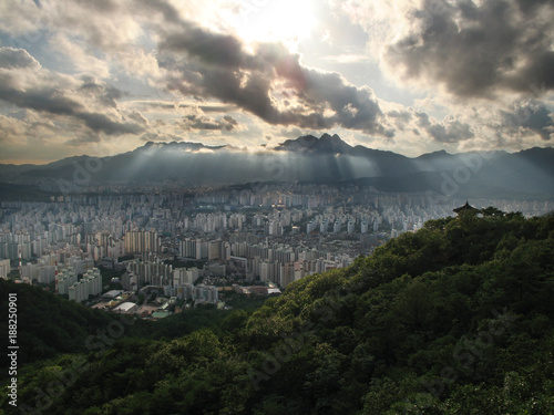 Northern Seoul with Bukhansan National Park and smoke on the horizon photo