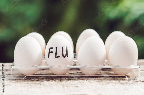 Sign FLU on the egg. The concept of disease. Avian influenza, salmanese