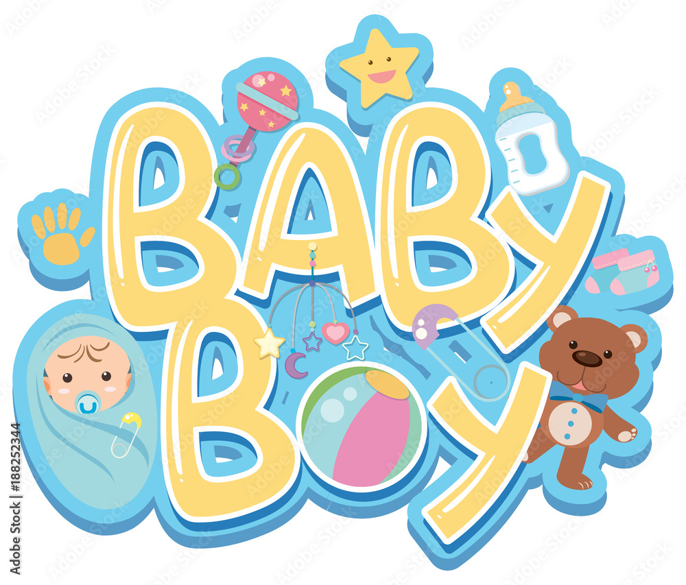 Naklejka premium Font design for word baby boy with baby and toys
