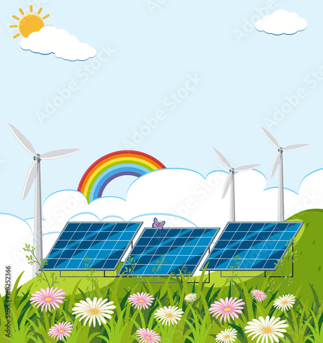 Field with solar cell and wind turbines