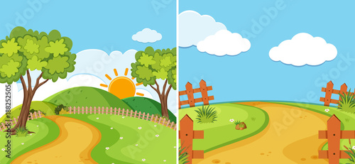 Two countryside scenes with road and field
