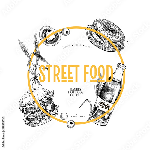 Hand drawn fast food banner. Street food creative flyer. Burger, soda, tomato, bagel, wheat barrels and olives. engraved vector illustration. For restaurant, menu, street food, flyer poster