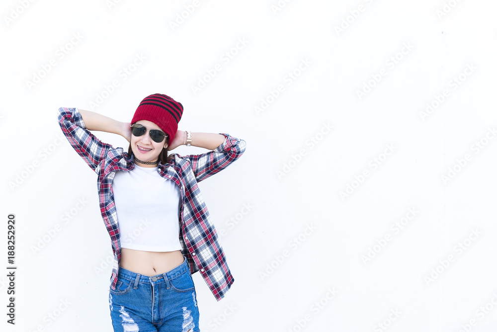 Portrait of beautiful asian hipster girl on white background,Lifestyle of modern woman,Thailand happy woman concept Portrait of beautiful asian hipster girl on white background,Lifestyle of modern woman,Thailand happy woman concept