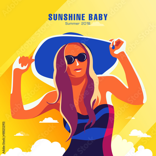 Girl in one piece bathing suit in summer hat and sunglasses.