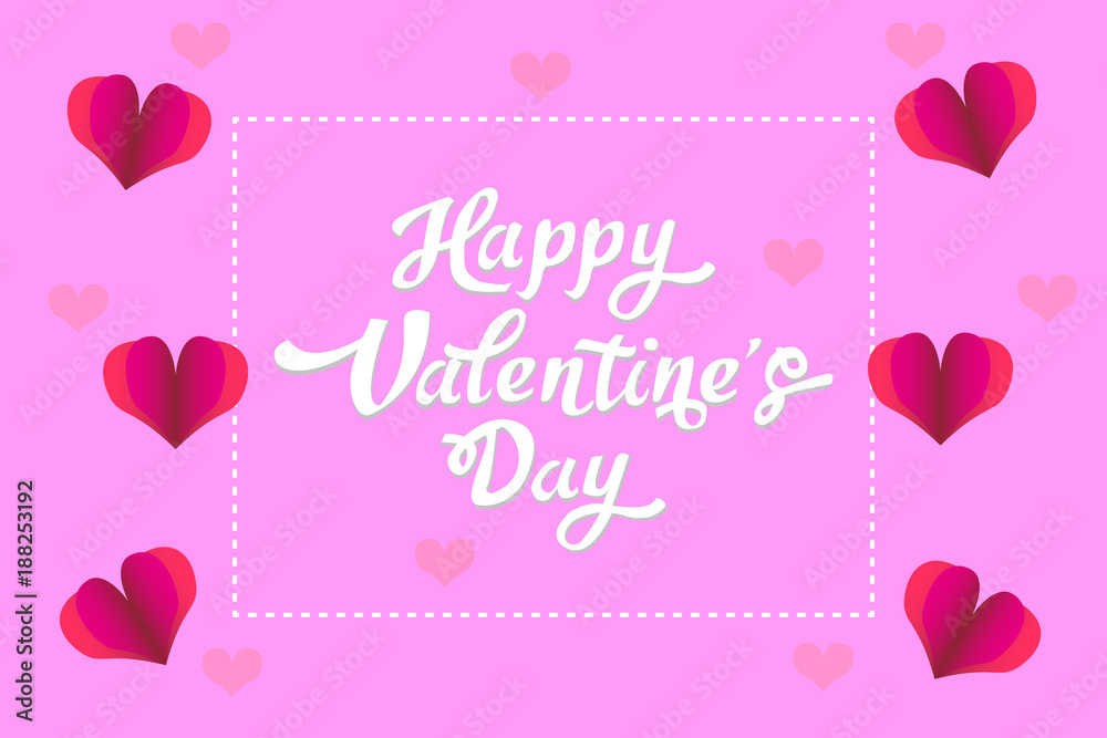 Happy Valentine's Day in frame. Lettering on a pink background with paper hearts.