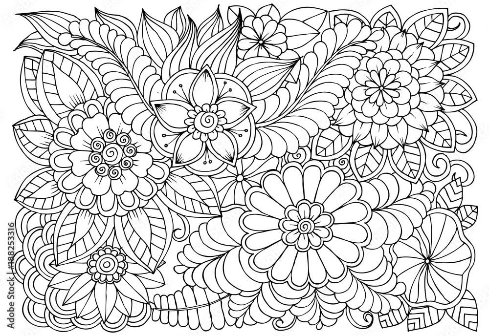 Black and white flower pattern for adult coloring book. Doodle floral drawing. Art therapy coloring page.