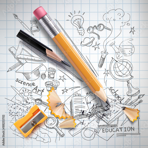 Vector realistic pencils, sharpener, shavings on notebook paper with colored sketch creative education, science, school doodles symbols. Concept of idea, study, research and development illustration