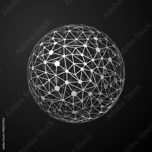 Global connections metallic sphere on dark background, abstract communication concept