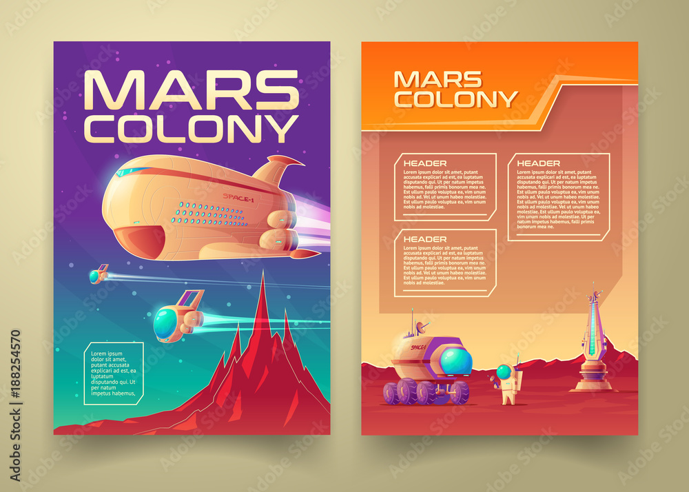 Naklejka premium Vector mars colonization banner infographics template set. Solar system galaxy exploration red planet terraforming colony mission concept. Illustration space station shuttle spaceship astronaut, rover